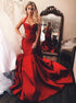 Mermaid Red Satin Halter Sweep Train Pleats Prom Dress LBQ0566